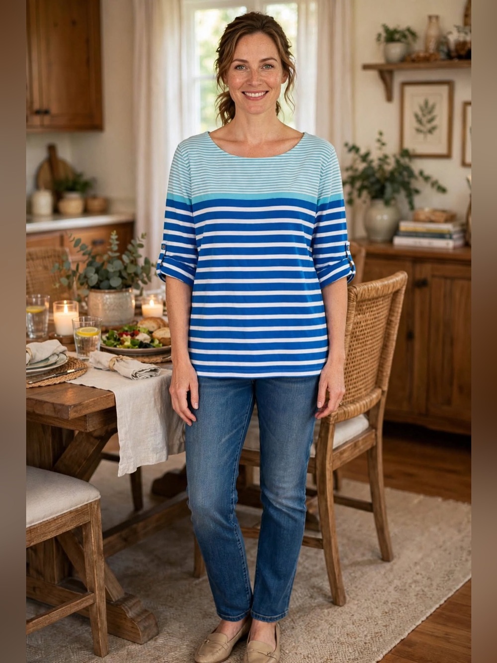 Ruby Rd. Blue and Aqua Striped Boatneck Short Sleeve Top